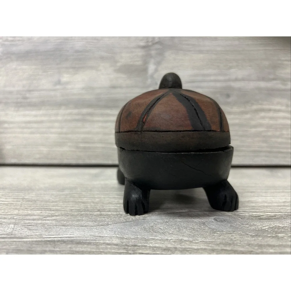 Wood Turtle Trinket Box With Lid Folk Art Vintage Hand Carved Kenya A4‎